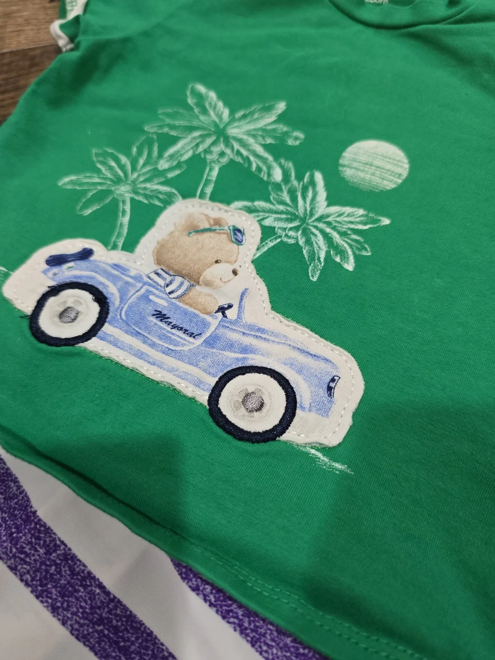 Mayoral Green Tee with Blue Car Bear and Blue-Striped Shorts 6/9 Months